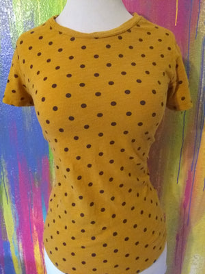 Upcycled Goldenrod Yellow with Polka Dots Custom Cut Braided Women's Tee