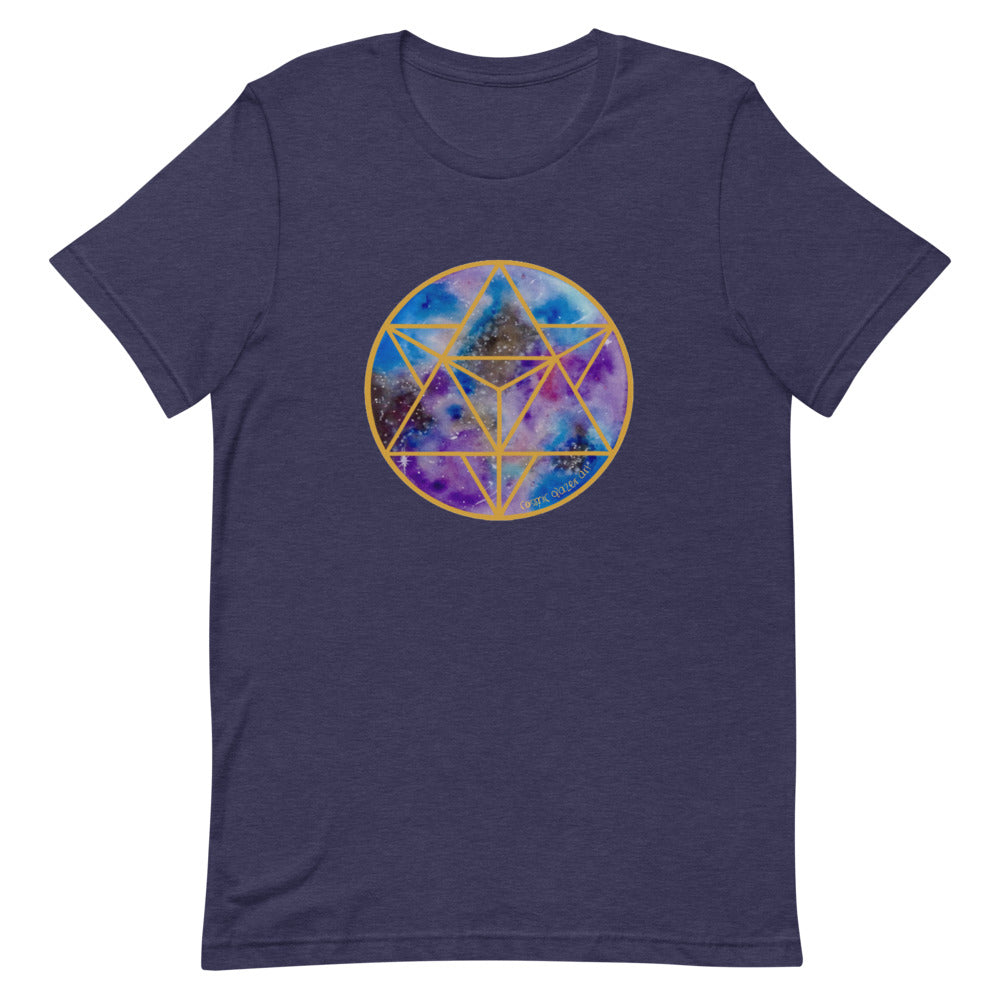 a navy t - shirt with a gold, blue and purple geometric design.	