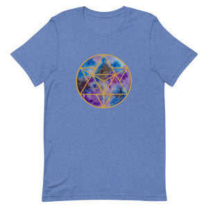 a blue t - shirt with a gold and blue and purple geometric design.	