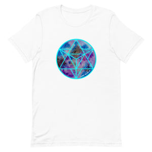 a white t - shirt with a blue and purple geometric design.	
