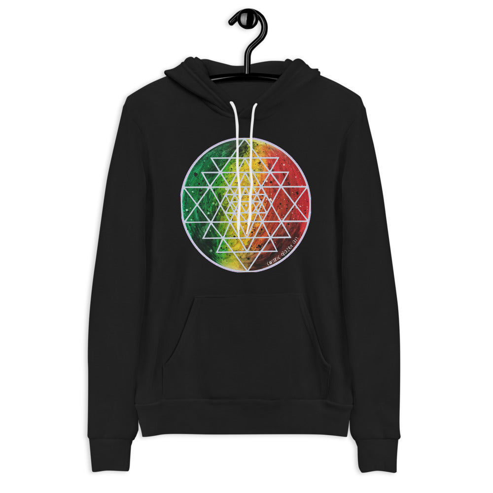 a black hoodie with red, yellow and green with a geometric design.	