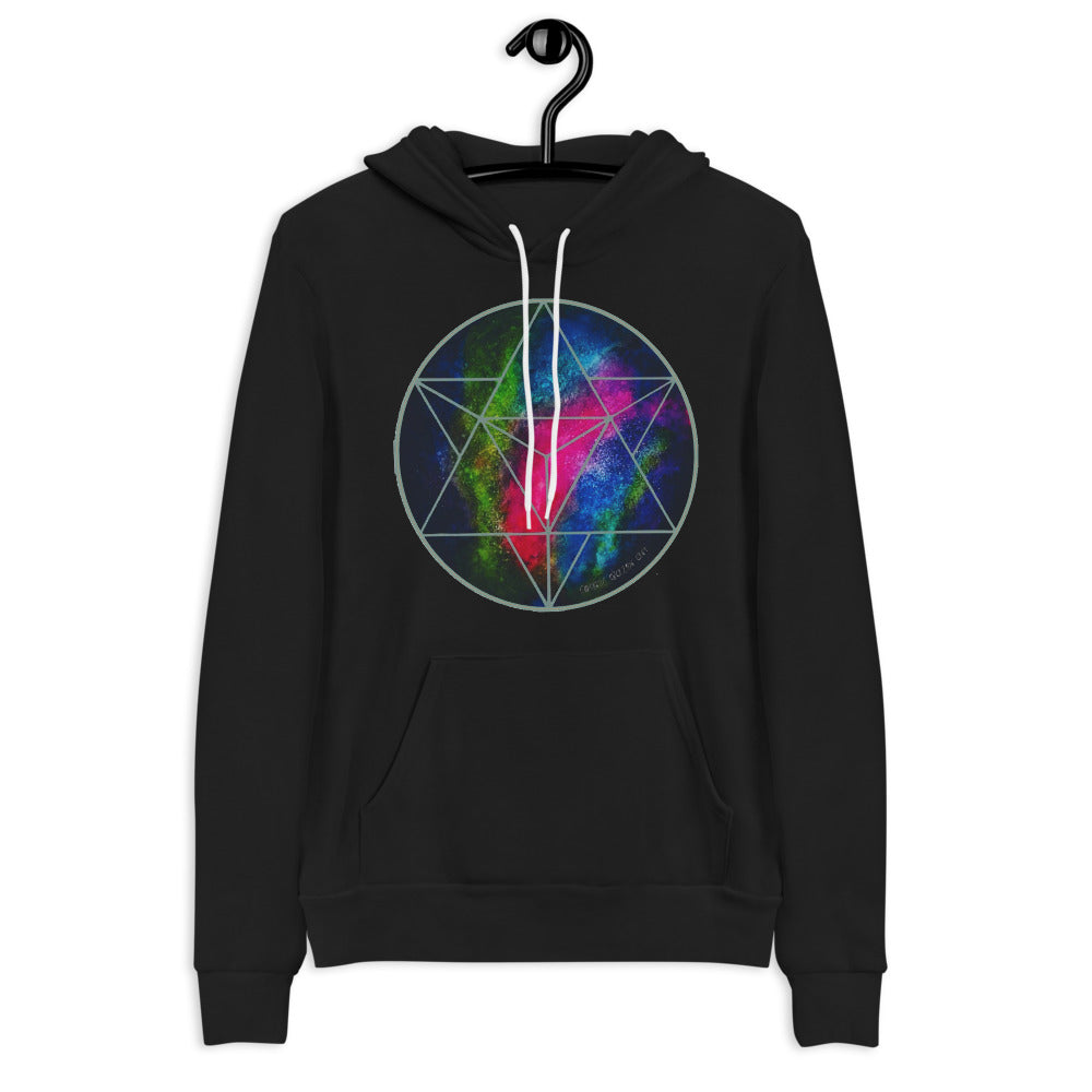 a black hoodie with a blue, green and pink geometric design.	