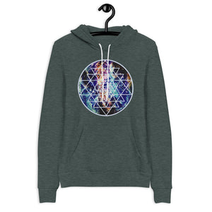 a forest green hoodie with teal, gold and purple galaxy and a geometric design.	