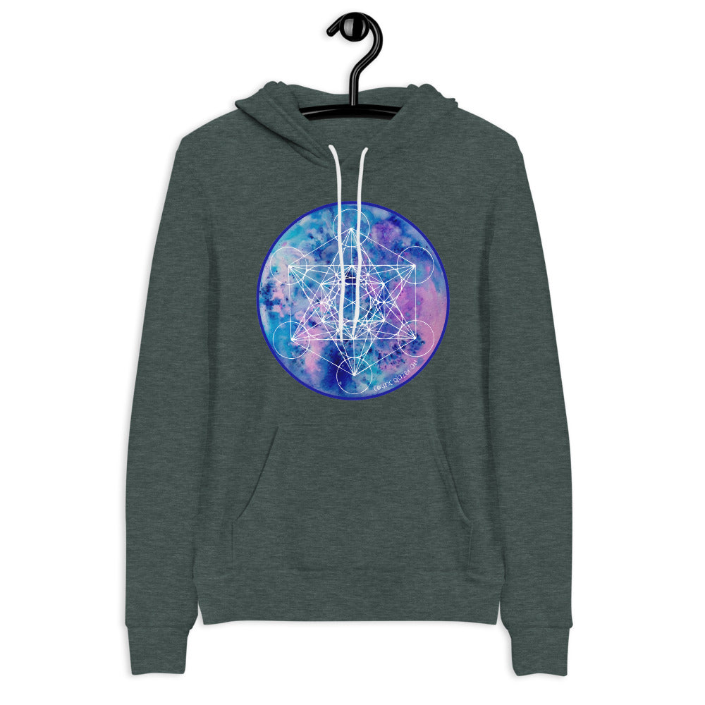 a forest green hoodie with a blue and purple geometric design.	
