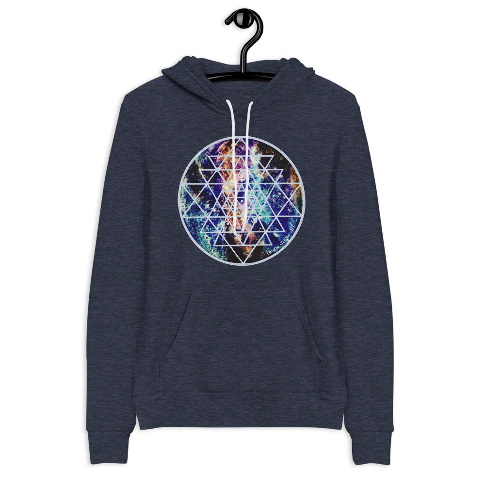a navy hoodie with teal, gold and purple galaxy and a geometric design.	