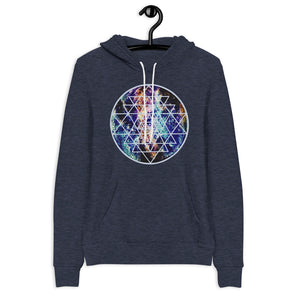 a navy hoodie with teal, gold and purple galaxy and a geometric design.	
