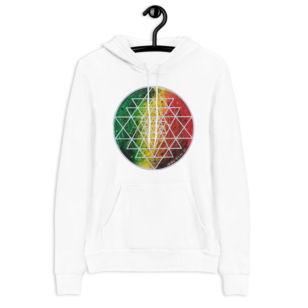 a white hoodie with red, yellow and green with sacred geometry design.	