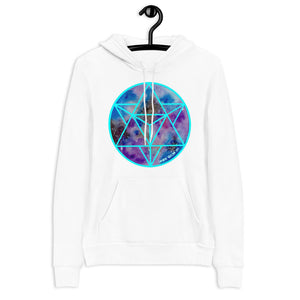 a white hoodie with a blue and purple geometric design.	