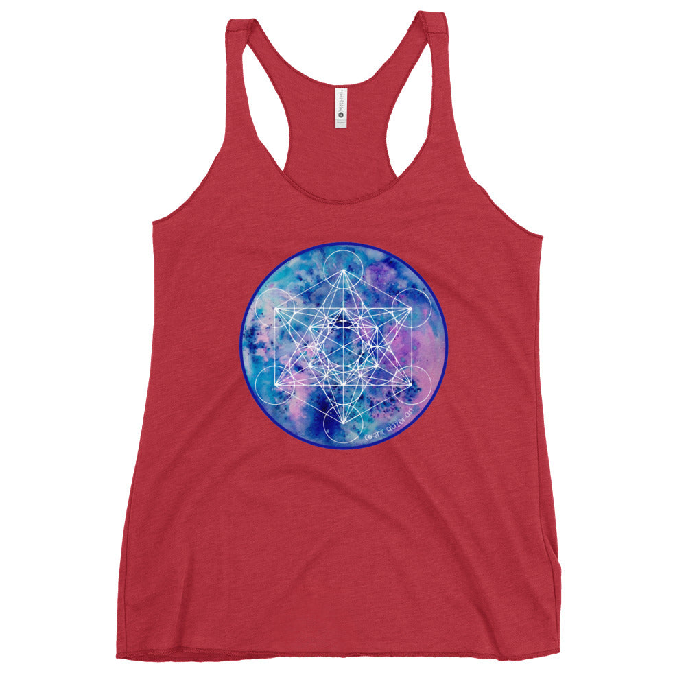 a red womens tank top with a blue and purple geometric design.	
