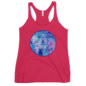 a pink womens tank top with a blue and purple geometric design.	