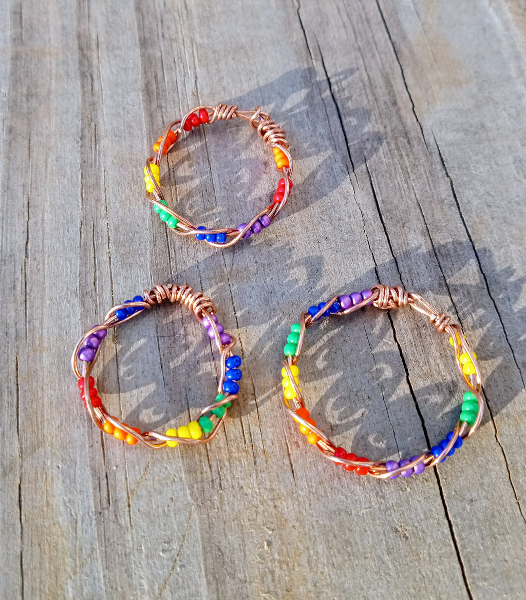 Rainbow Glass Seed Bead Wire Wrapped Rings