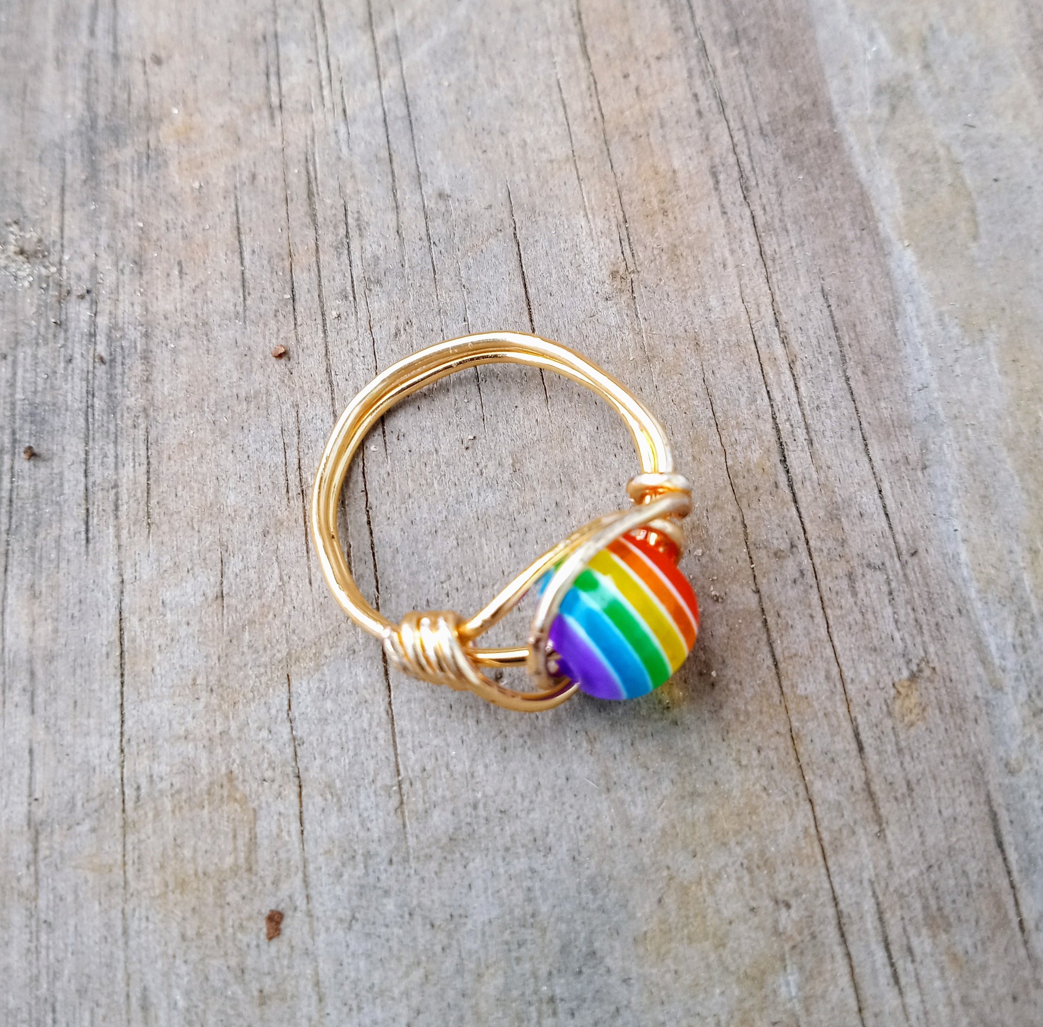 Rainbow Round Bead Wire Wrapped Rings