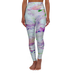 a women's leggings with a colorful pattern.	