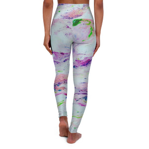 a women's leggings with a colorful sparkly pattern.	