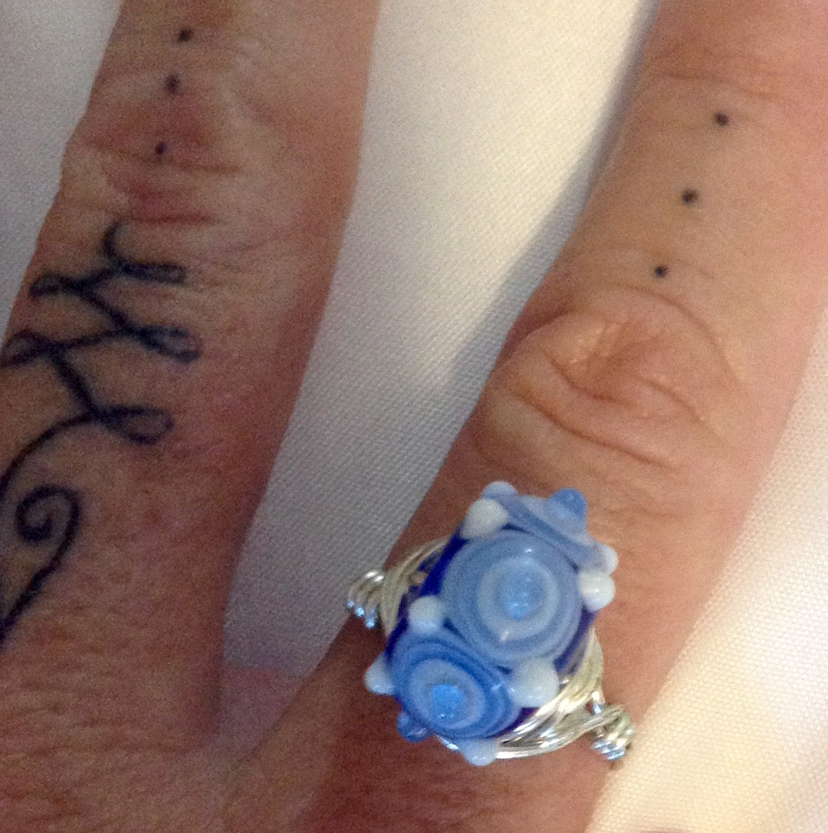 Wire Wrapped Glass Blue Swirls Ring