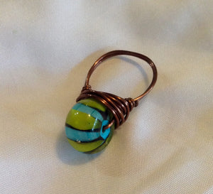 Wire Wrapped Glass Green Aqua Stripe Brass Ring