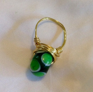Wire Wrapped Ring Glass Green Dot