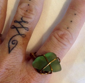 Wire Wrapped Ring Seaglass Green on Brass