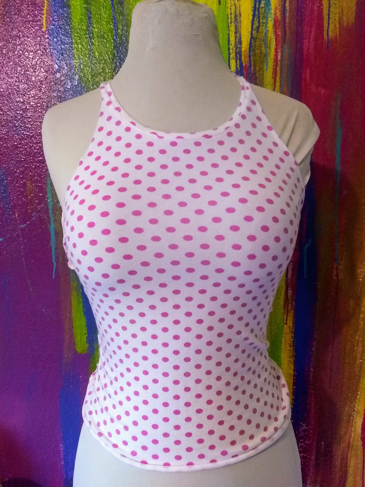 Upcycled White with Pink Polka Dots Custom Cut & Braided Women's Tank
