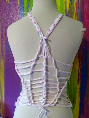 Upcycled White with Pink Polka Dots Custom Cut & Braided Women's Tank