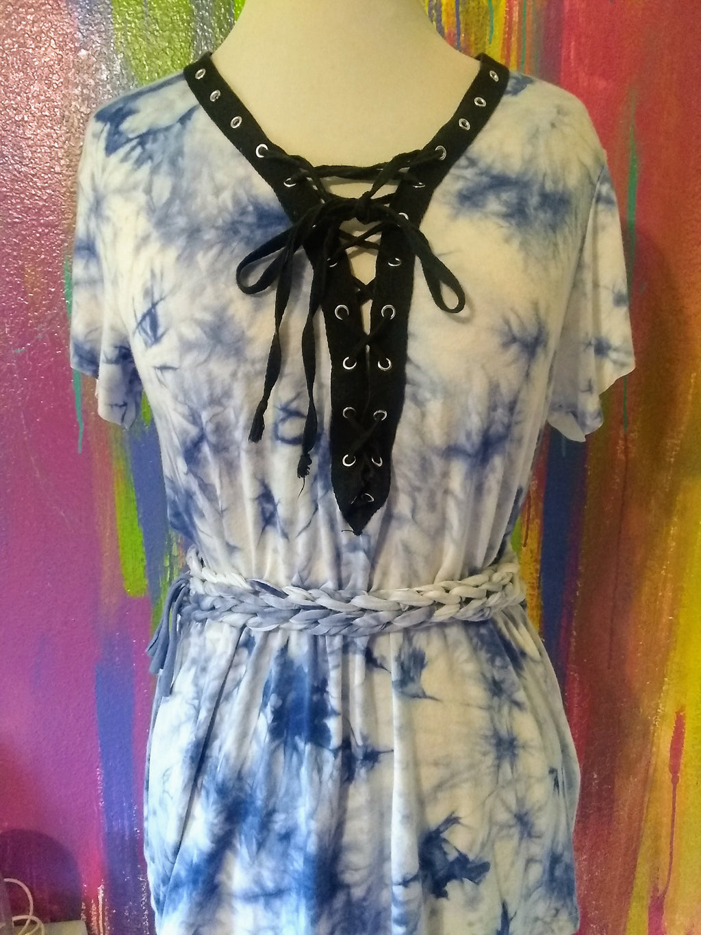 Upcycled White and Blue Tie Dye with Lace Up Front Waist Cut and Braided Custom Cut Women's Tee
