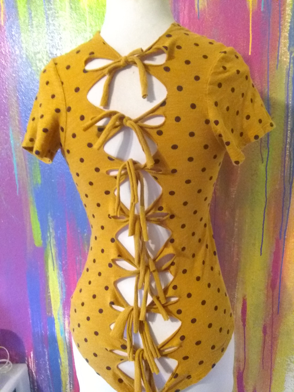 Upcycled Goldenrod Yellow with Polka Dots Custom Cut Braided Women's Tee