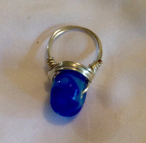 Wire Wrapped Ring Glass Ocean Blue