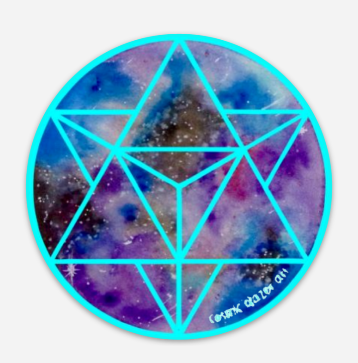 a blue and purple sticker with a merkabah in the center.	