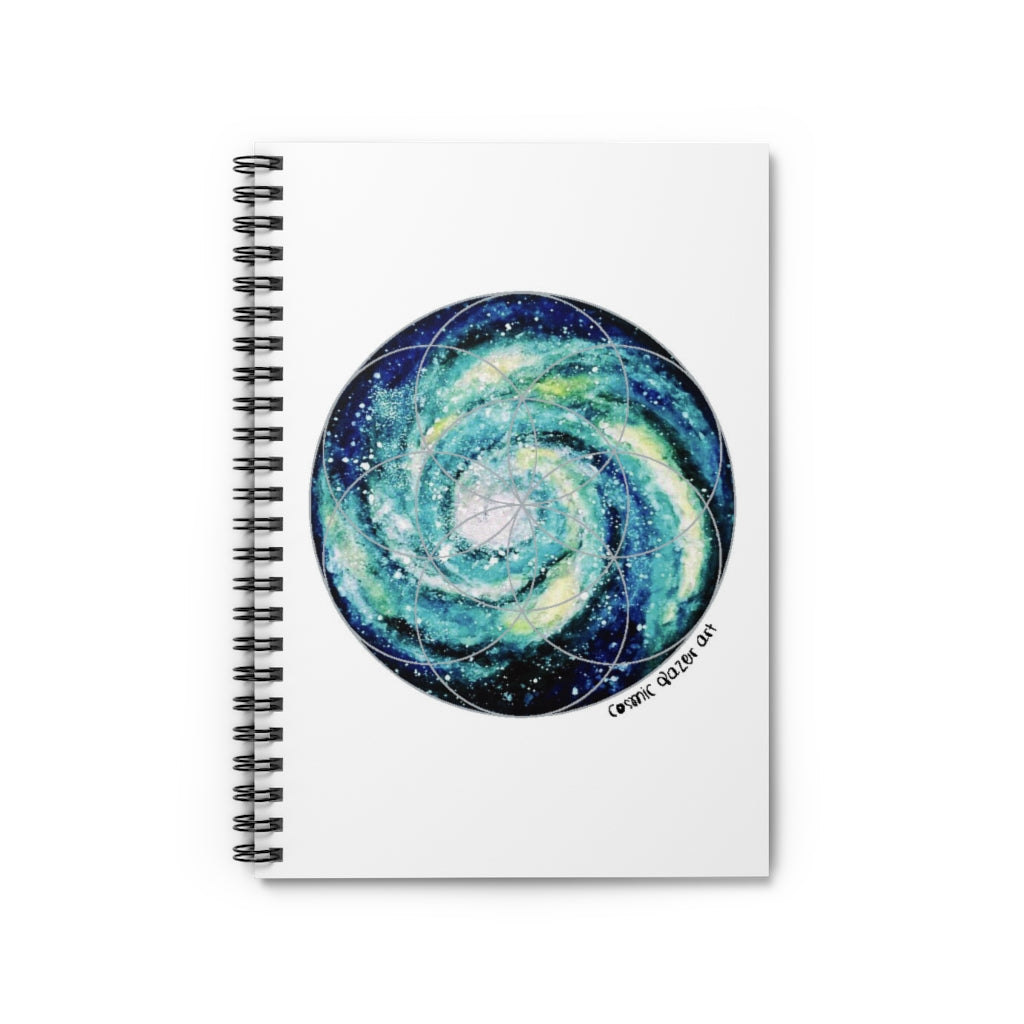a spiral notebook with a spiral galaxy painting and geometric design in the center.	