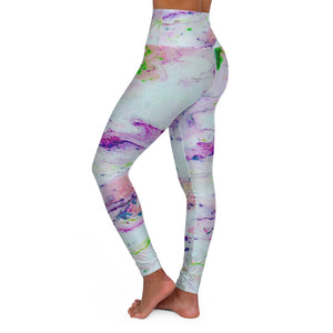 a women's yoga pants with a colorful psychedelic pattern.	