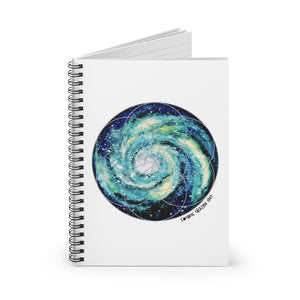 a spiral notebook with a spiral galaxy painting and geometric design in the center.	