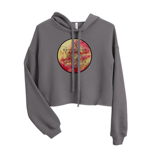 a cropped grey crop top hoodie with a metatron design on the front.