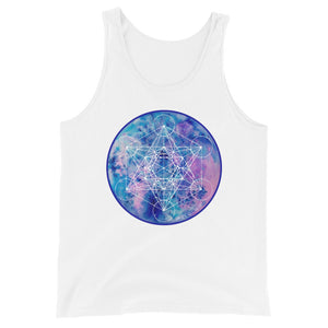 a white tank top with a blue and purple sacred geometry design.	