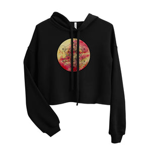a cropped black crop top hoodie with a geometric design on the front.