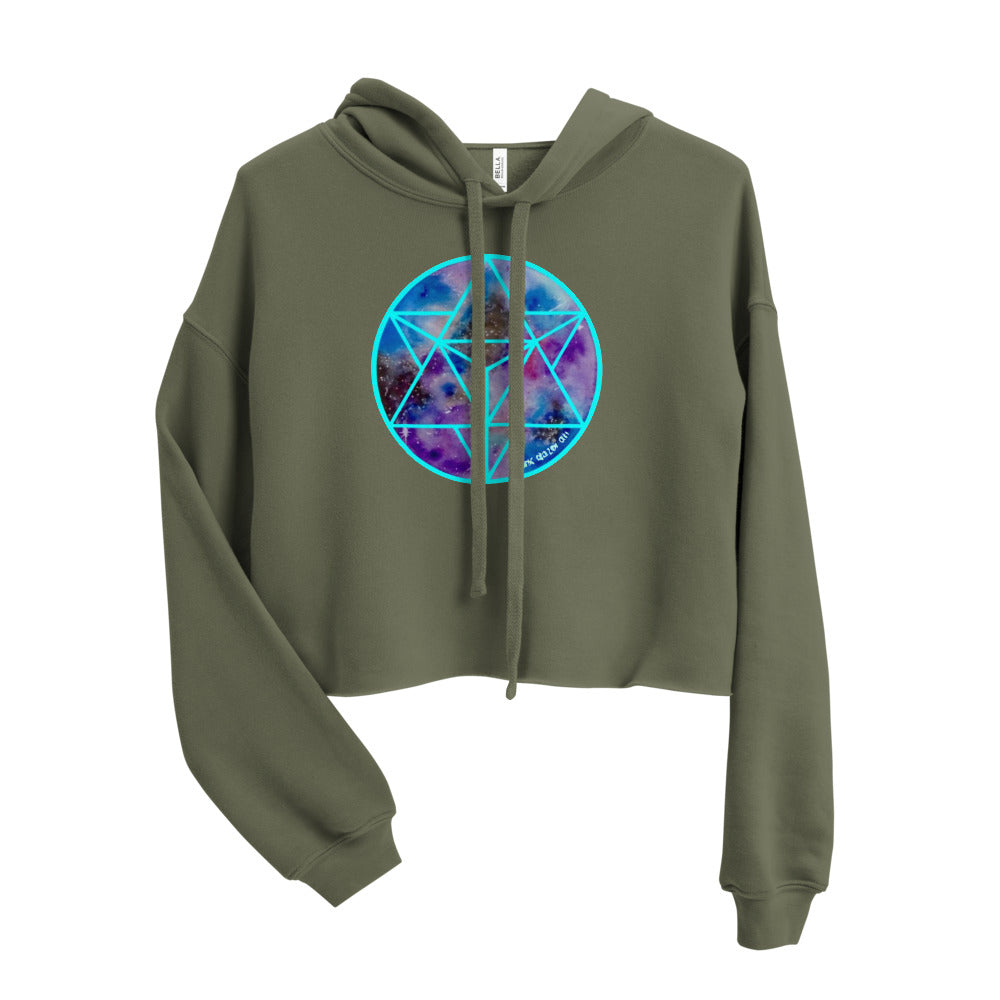 a cropped military green crop top hoodie with a sacred geometry design on the front.