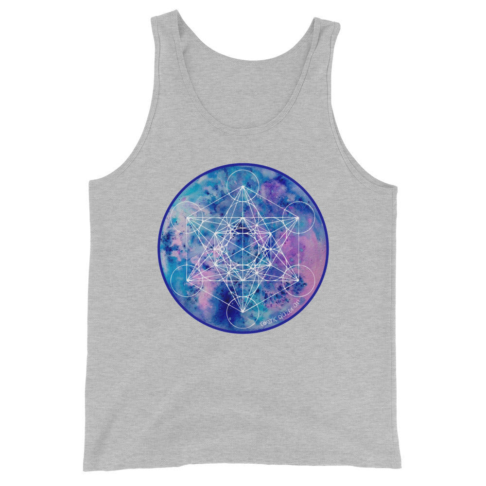 a light grey tank top with a blue and purple sacred geometry design.	