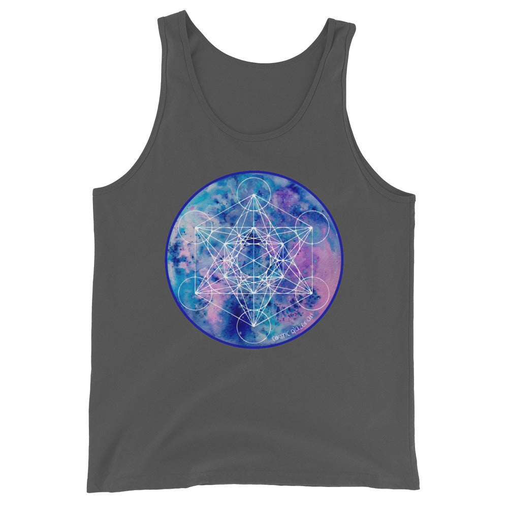 a grey tank with a blue and purple geometric design.	