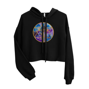 a cropped black crop top hoodie with a sacred geometry design on the front.