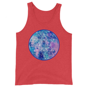 a light red tank top with a blue and purple sacred geometry design.	