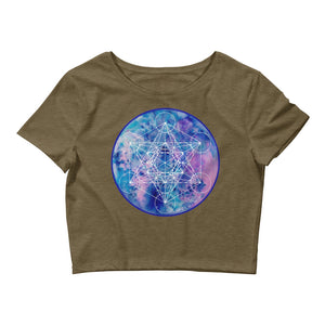 a military green crop top with a blue and purple geometric design.	