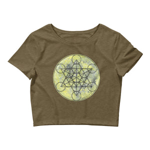 a military green crop top with a geometric design on it.	