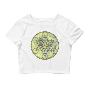 a white crop top with an image of metatron on it.	