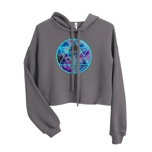 a cropped grey crop top hoodie with a sacred geometry design on the front.