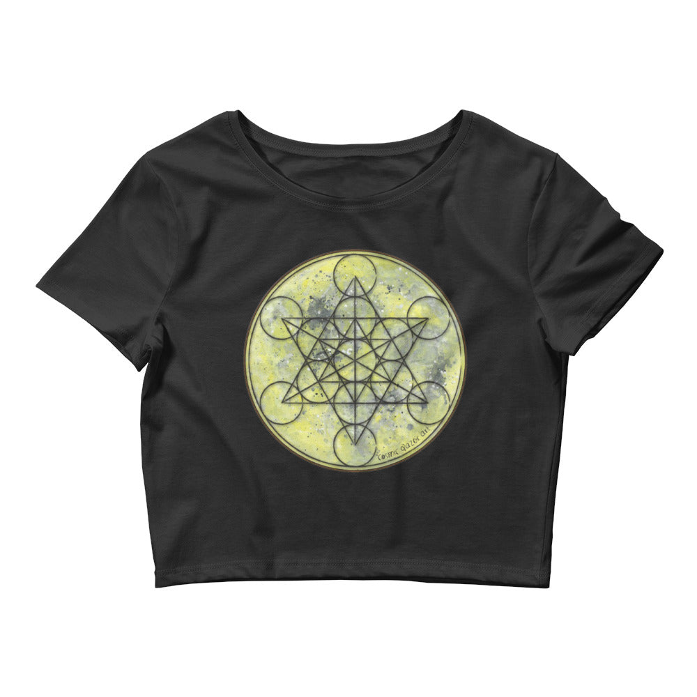 a black crop top with an image of metatron on it.	