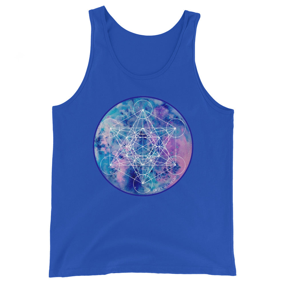 a blue tank top with a blue and purple sacred geometry design.	