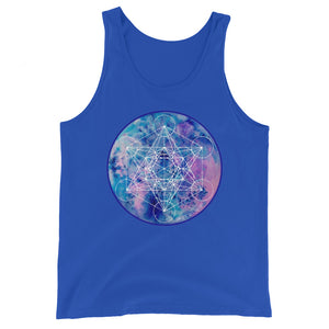 a blue tank top with a blue and purple sacred geometry design.	