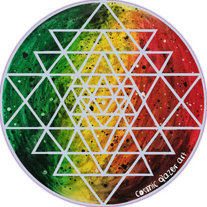 an image of a sticker with red, yellow and green and mandala design.	