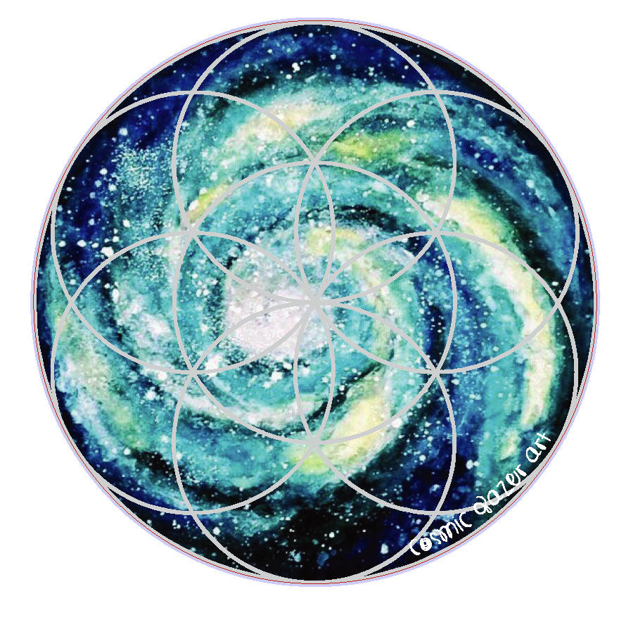 an image of a spiral galaxy seed of life design on a sticker.	
