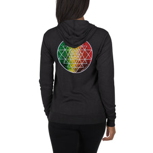 a woman in a charcoal zip hoodie with red, yellow and green with a geometric design.	