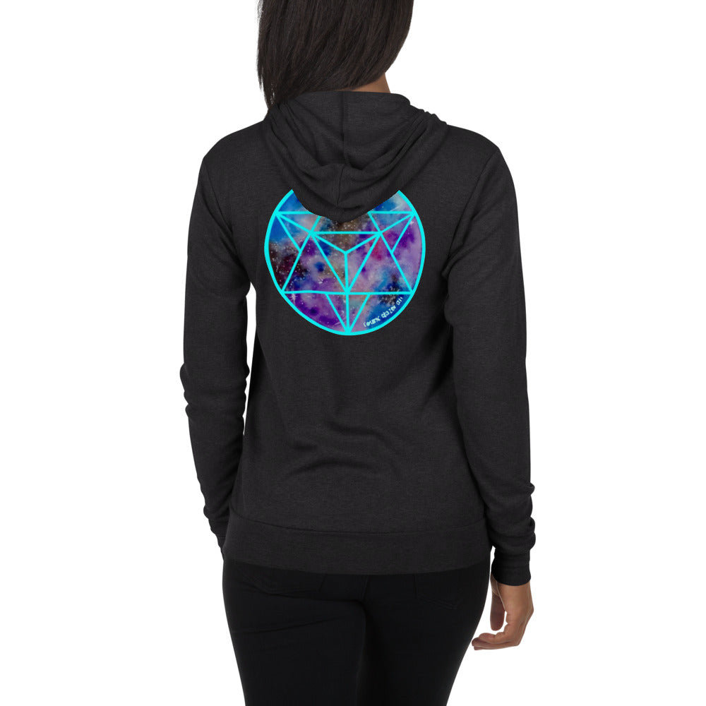 a woman in a dark grey zip hoodie with a blue and purple geometric design.	